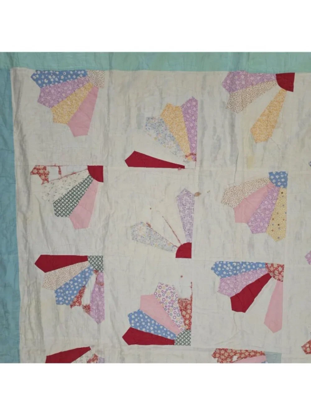 Vintage Handmade Handstitched Fan Quilt Blue Red 84 x 67 Farm Fabric